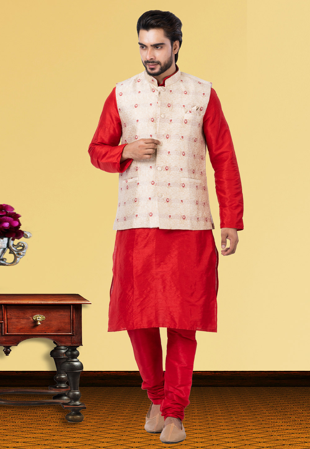 Red Dupion Raw Silk Kurta Pajama With Jacket 250176
