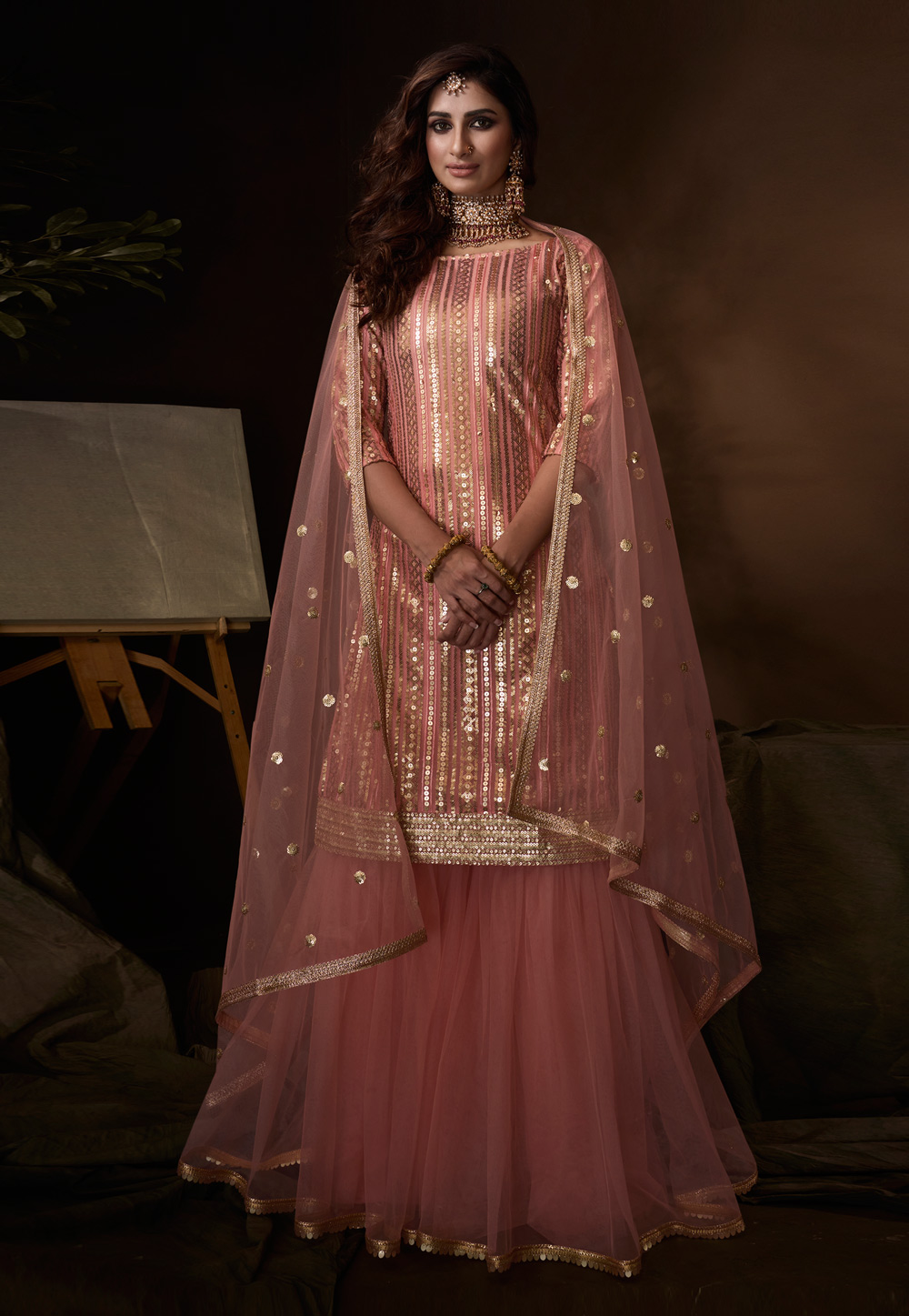 Pink Net Sharara Suit 211989