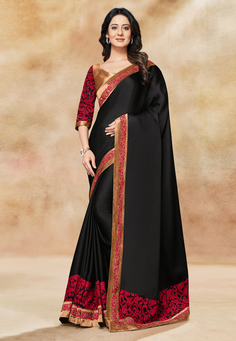 Black Satin Silk Saree With Blouse 244094