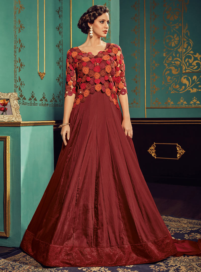 Maroon Silk Floor Length Anarkali Suit 90477
