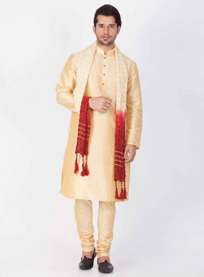 Golden Cotton Silk Readymade Kurta Pajama 143175
