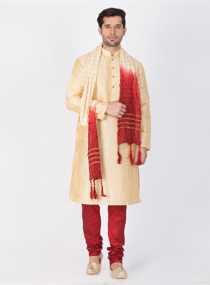 Golden Cotton Silk Readymade Kurta Pajama 143176