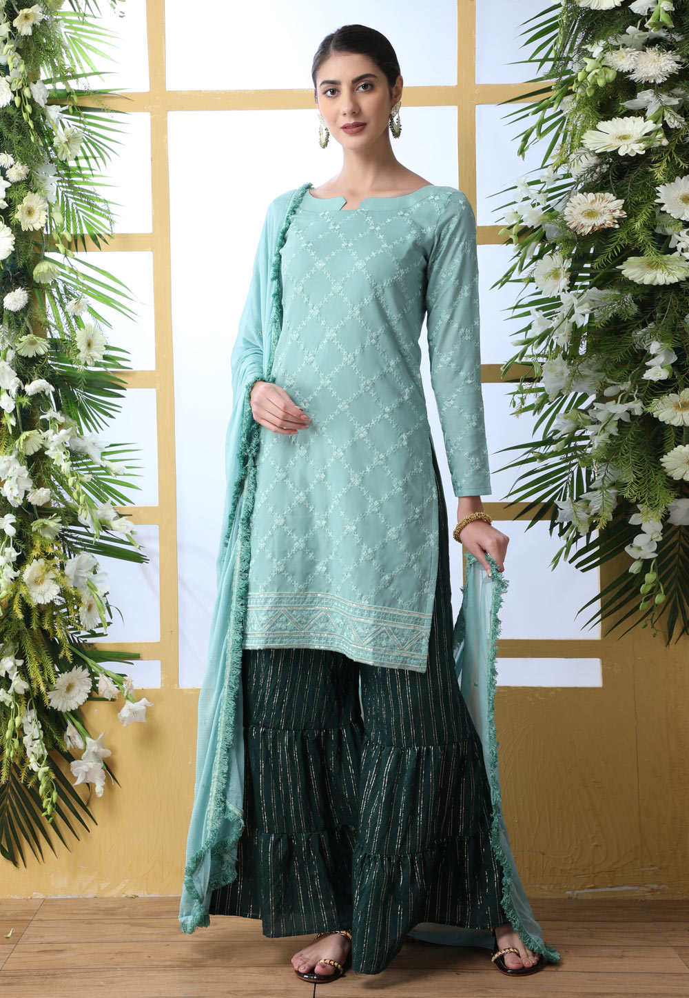 Sea Green Cotton Sharara Suit 197984