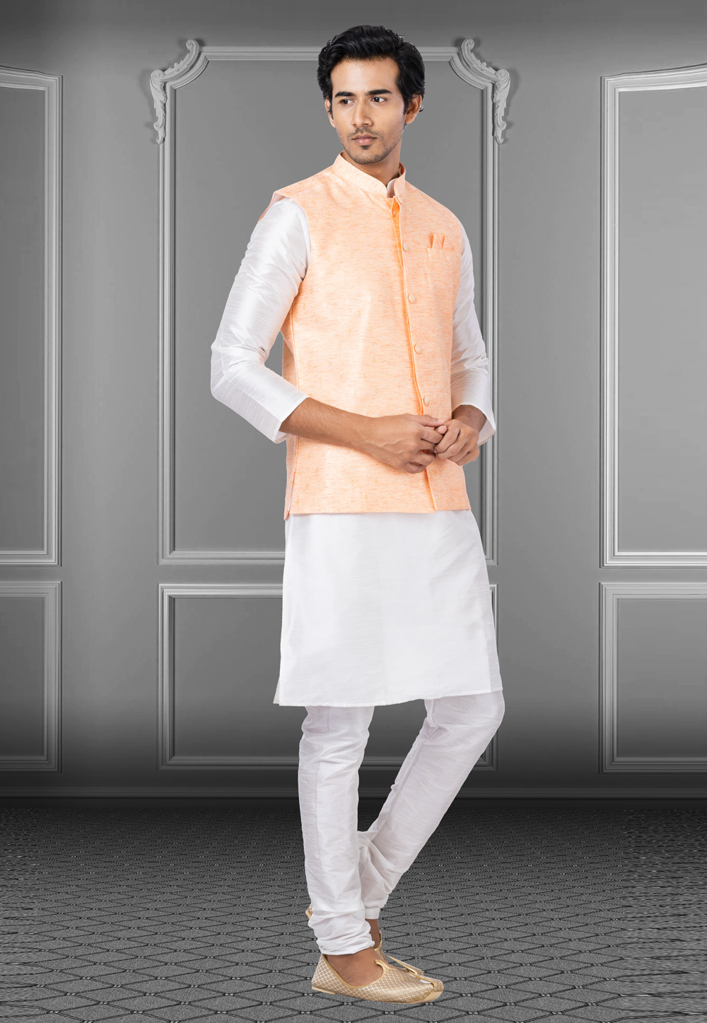 White Dupion Raw Silk Kurta Pajama With Jacket 250179
