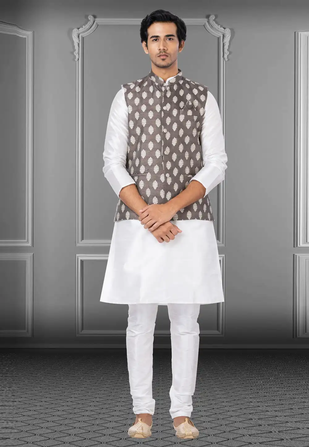 White Dupion Raw Silk Kurta Pajama With Jacket 250181