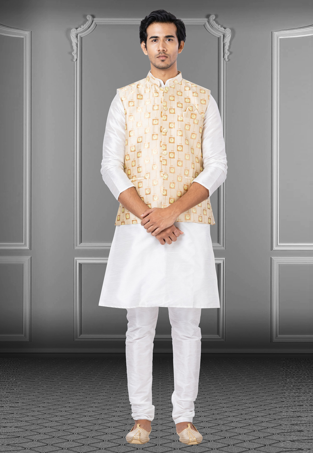 White Dupion Raw Silk Kurta Pajama With Jacket 250182