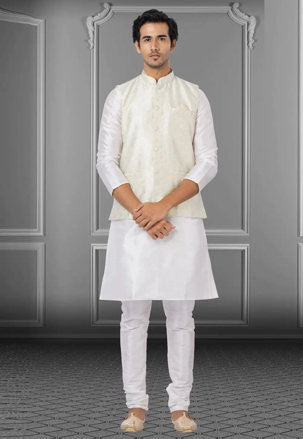 White Dupion Raw Silk Kurta Pajama With Jacket 250183