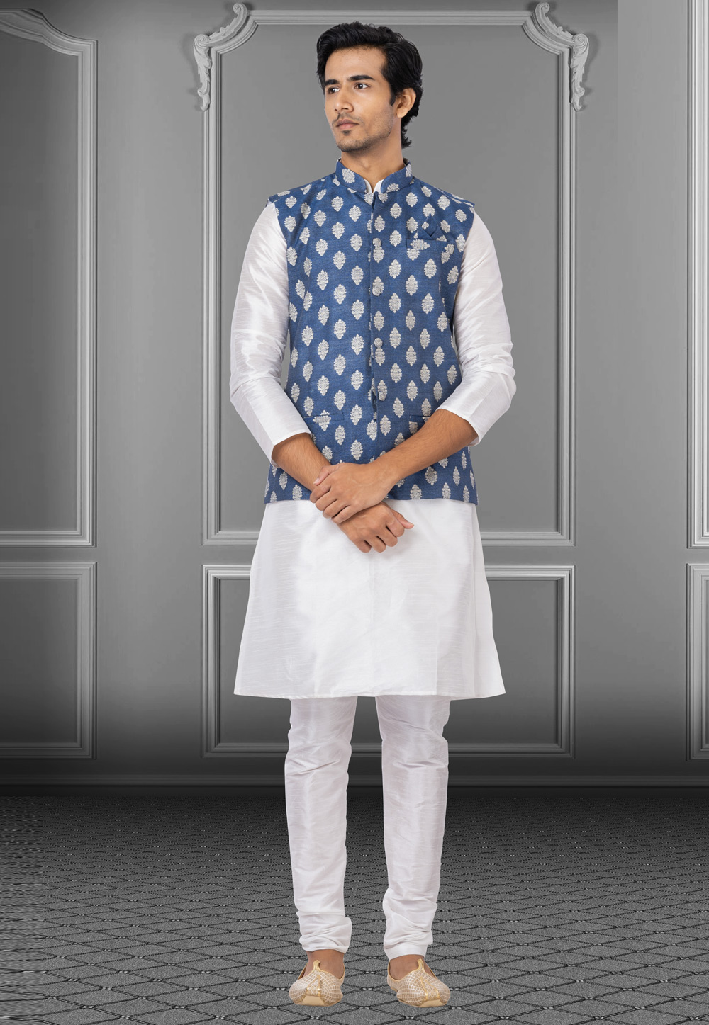 White Dupion Raw Silk Kurta Pajama With Jacket 250184