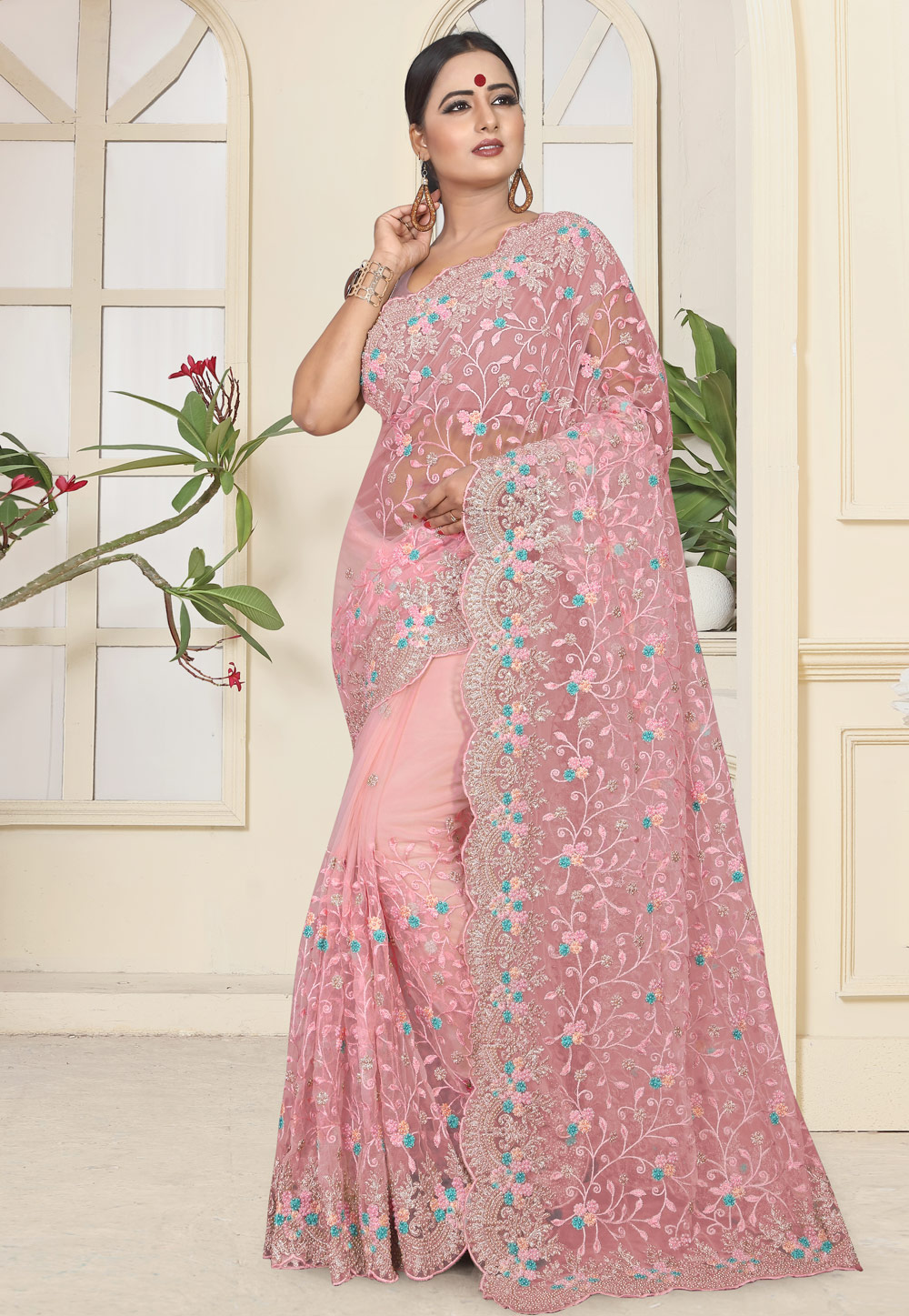 Pink Net Festival Wear Saree 184368