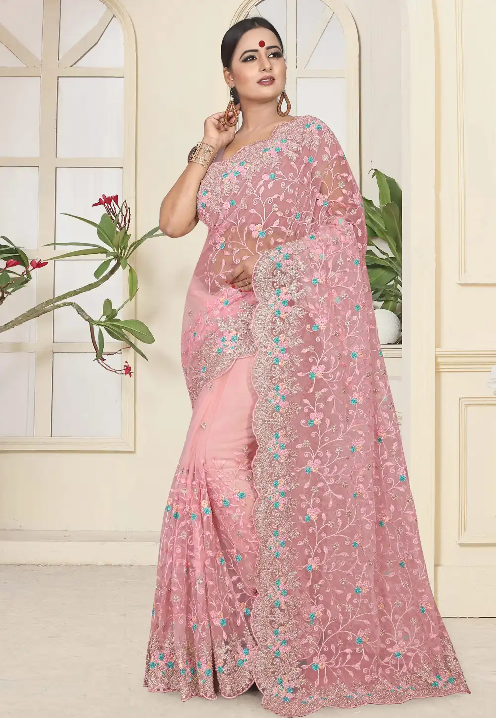 Pink Net Festival Wear Saree 184368