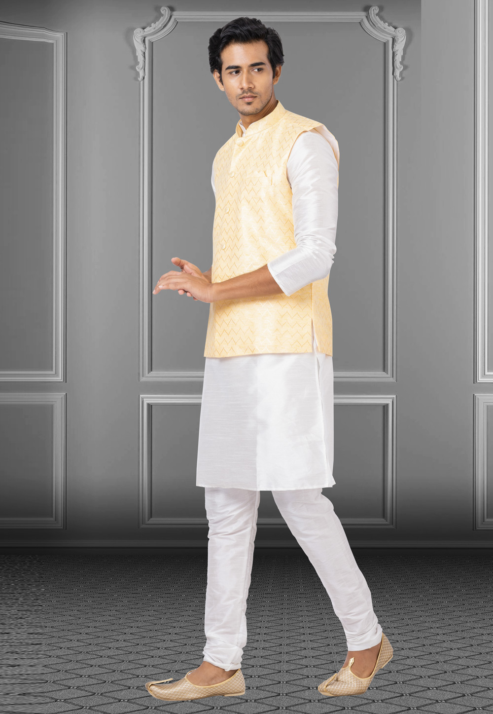 White Dupion Raw Silk Kurta Pajama With Jacket 250185