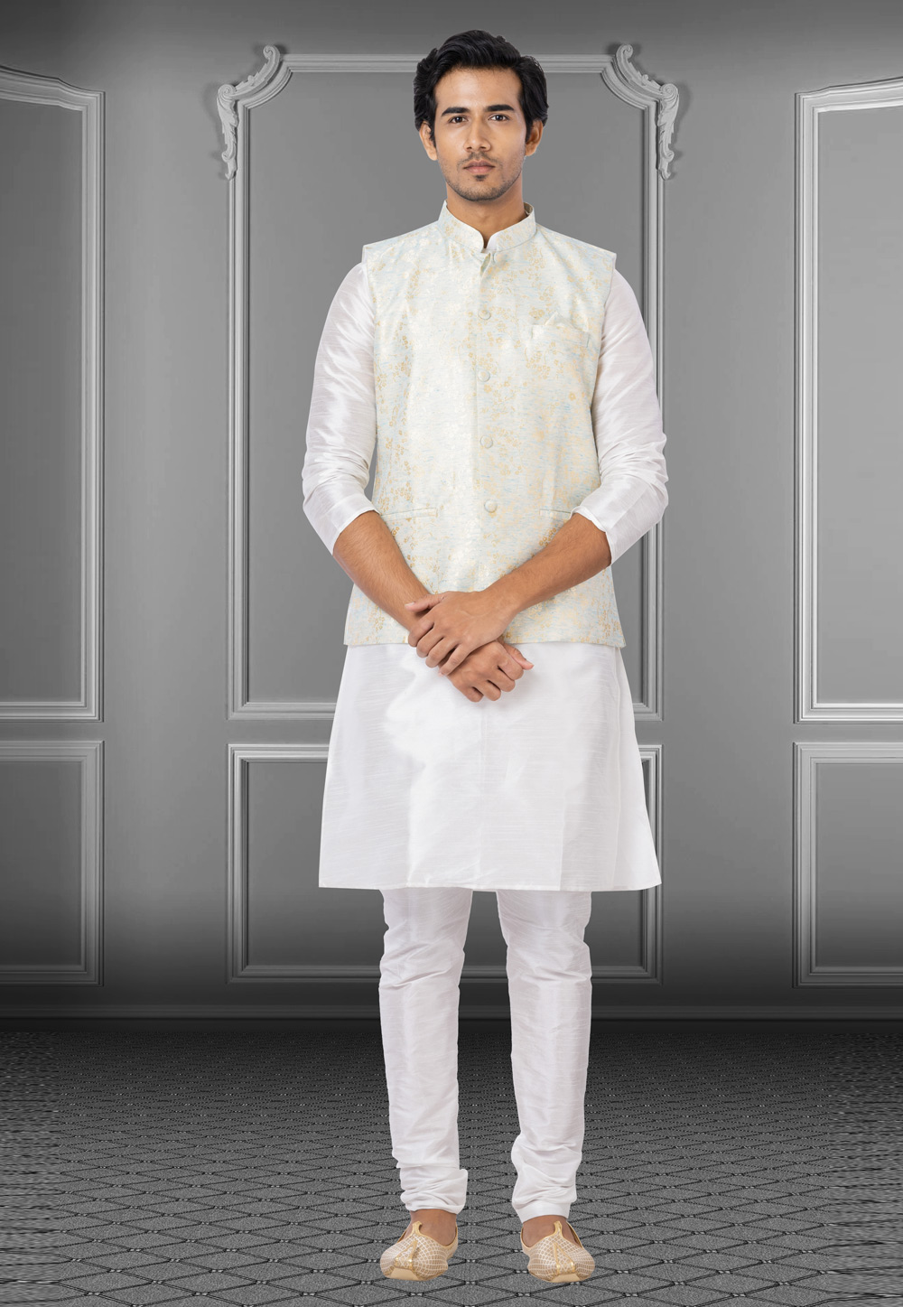 White Dupion Raw Silk Kurta Pajama With Jacket 250186
