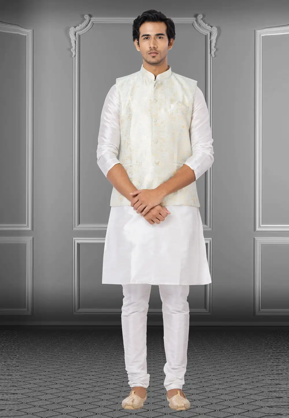 White Dupion Raw Silk Kurta Pajama With Jacket 250186