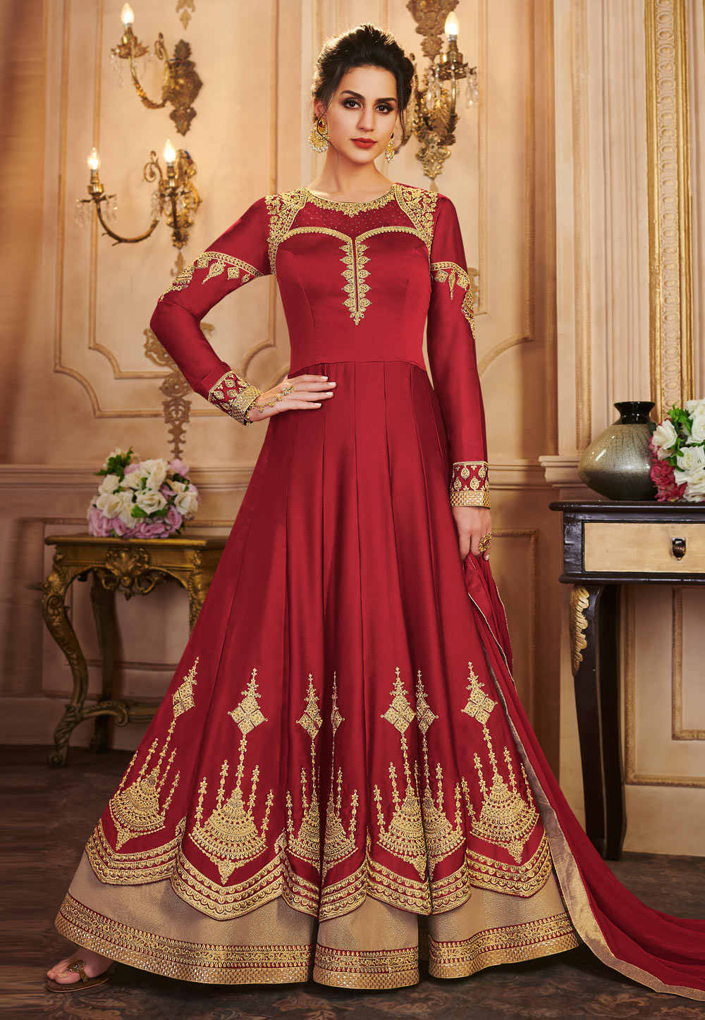 Maroon Silk Long Choli Lehenga 186628