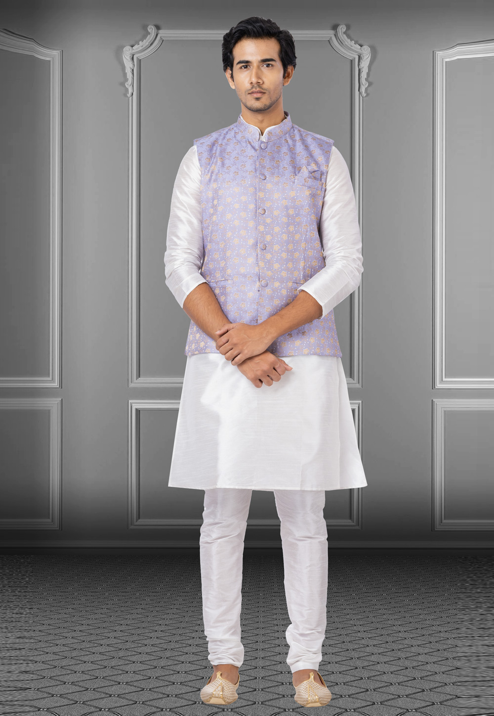 White Dupion Raw Silk Kurta Pajama With Jacket 250187