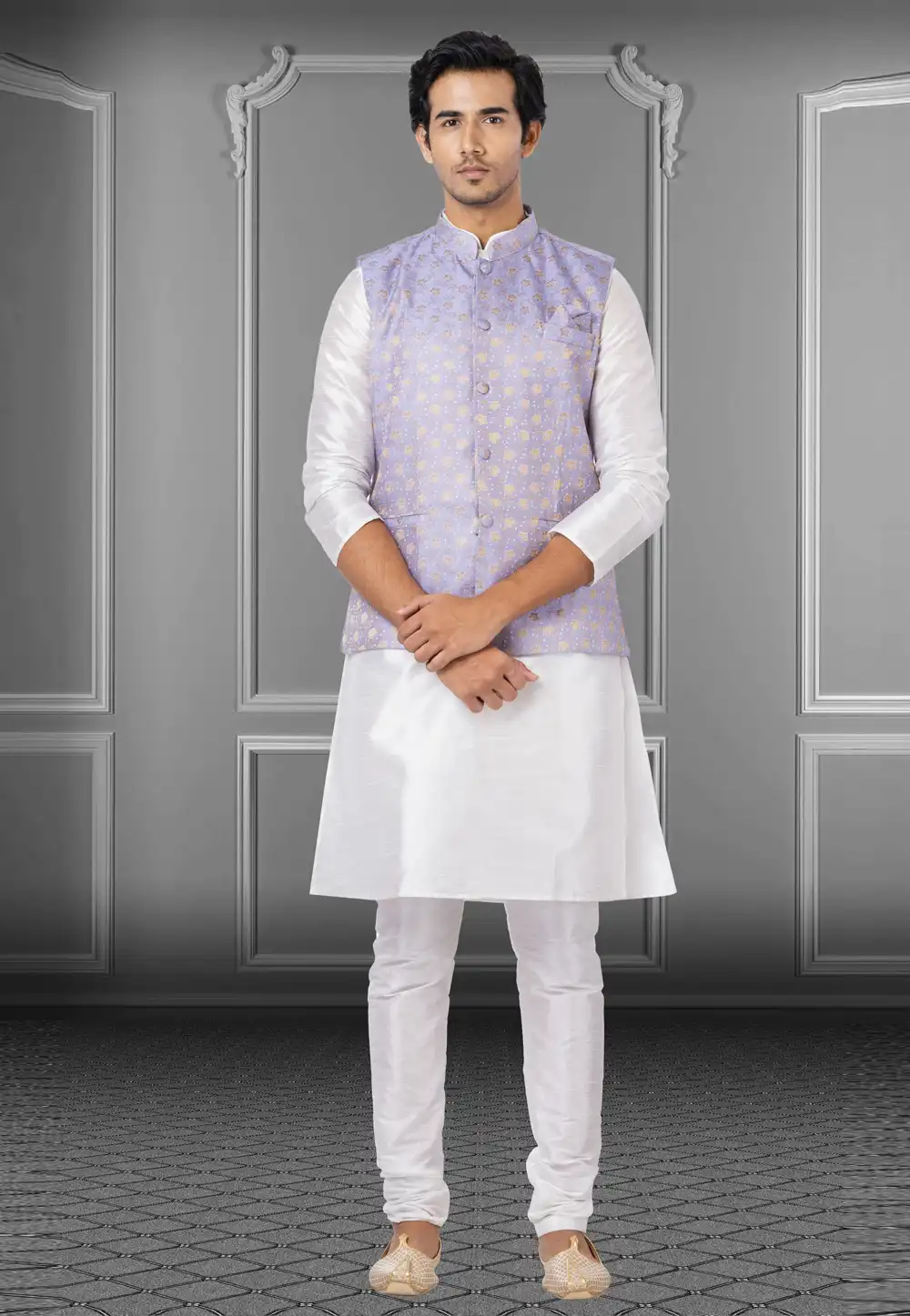 White Dupion Raw Silk Kurta Pajama With Jacket 250187
