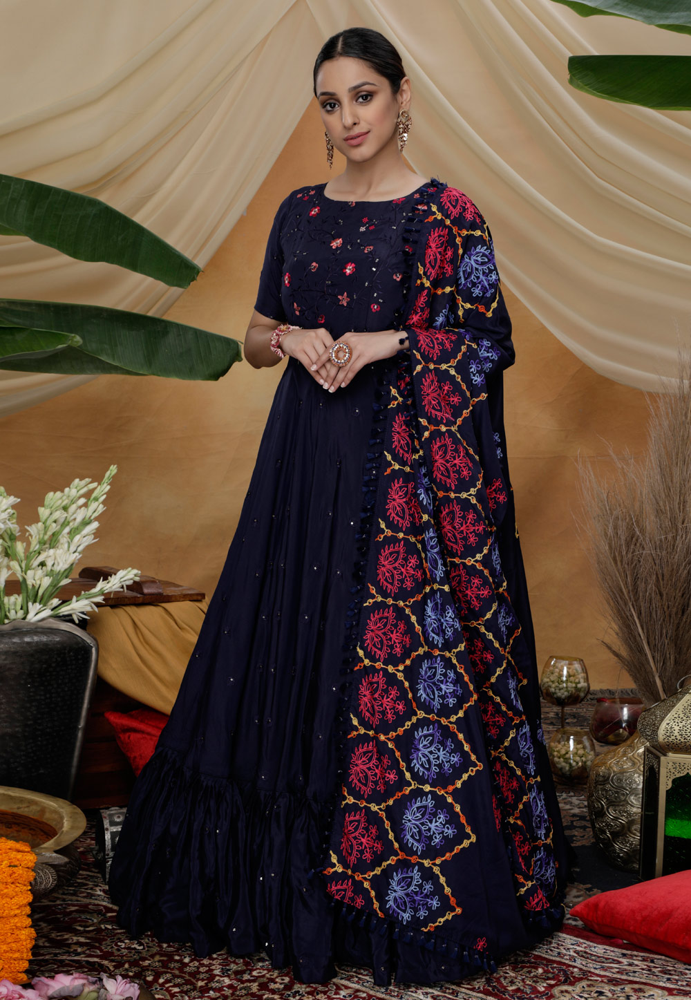 Navy Blue Silk Frilled Long Anarkali Suit 207597