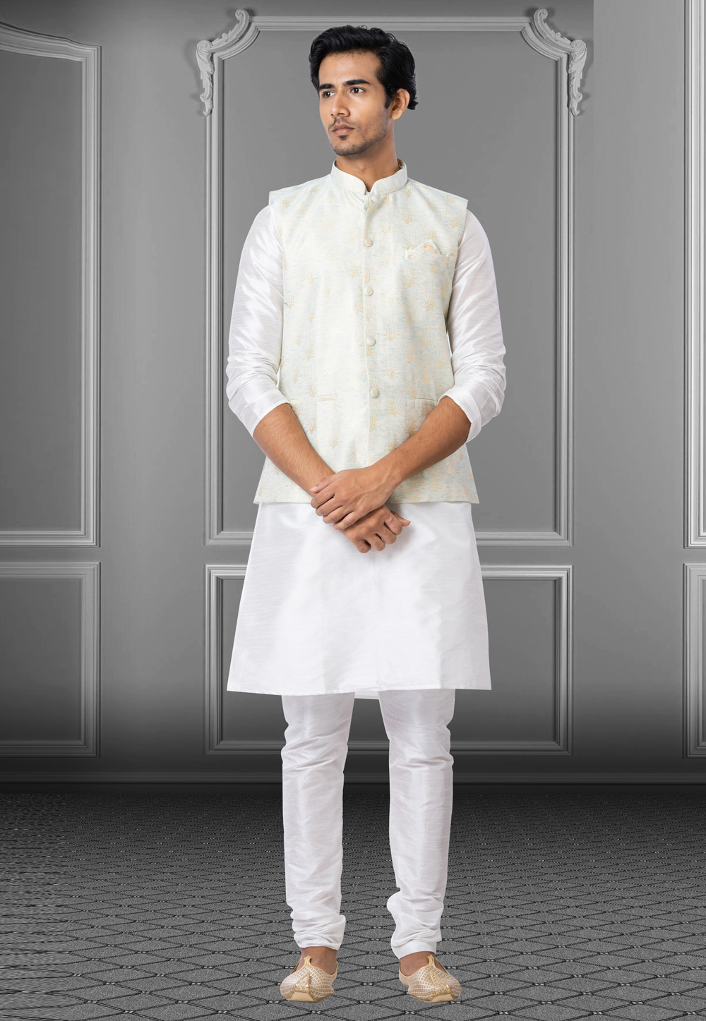 White Dupion Raw Silk Kurta Pajama With Jacket 250188