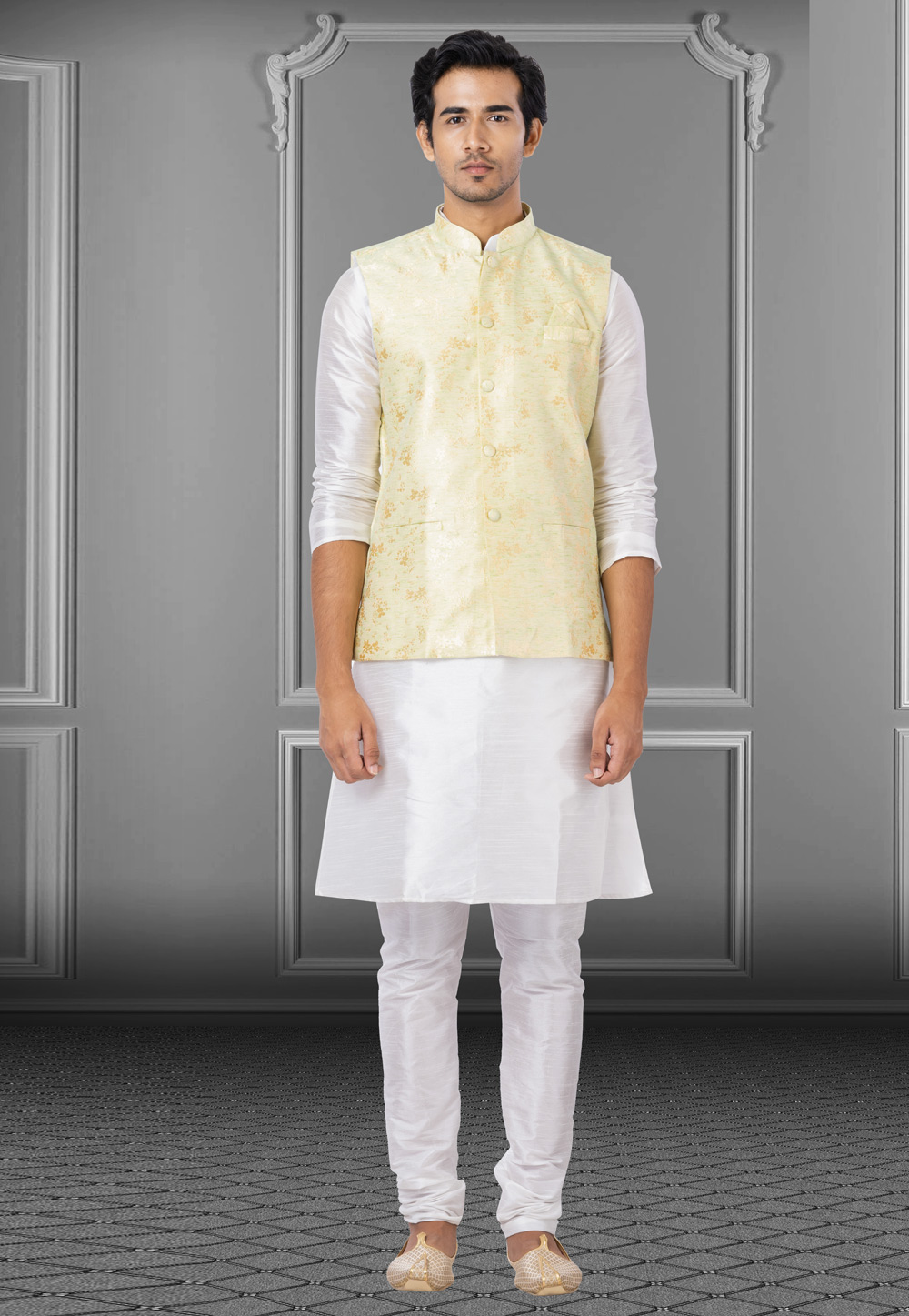 White Dupion Raw Silk Kurta Pajama With Jacket 250189