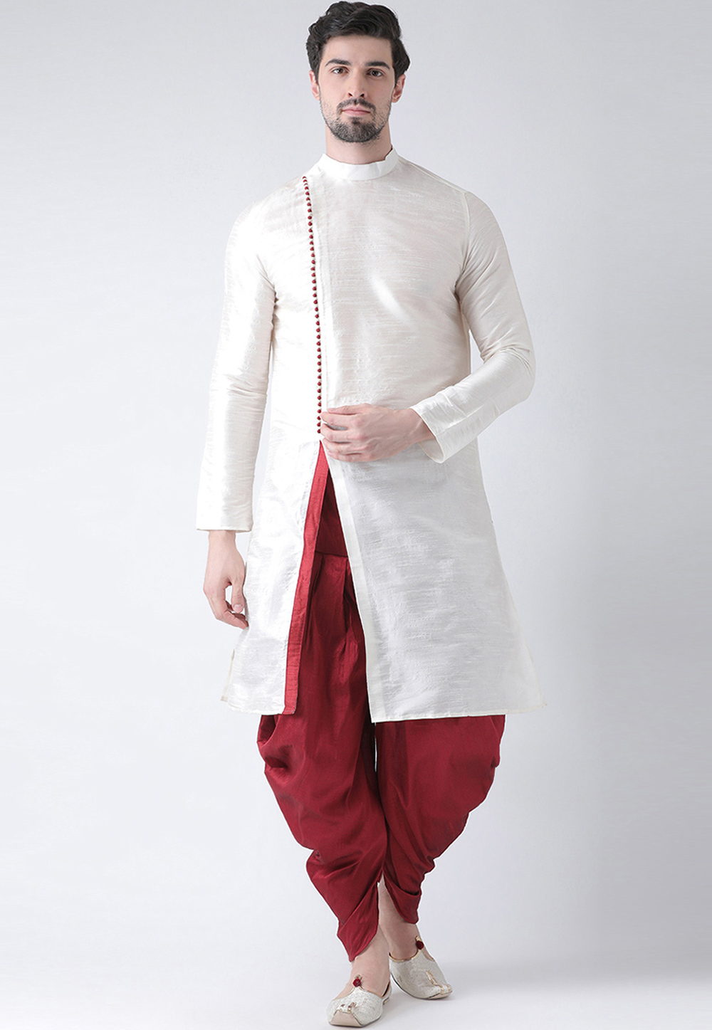 White Dupion Silk Readymade Dhoti Kurta 187868
