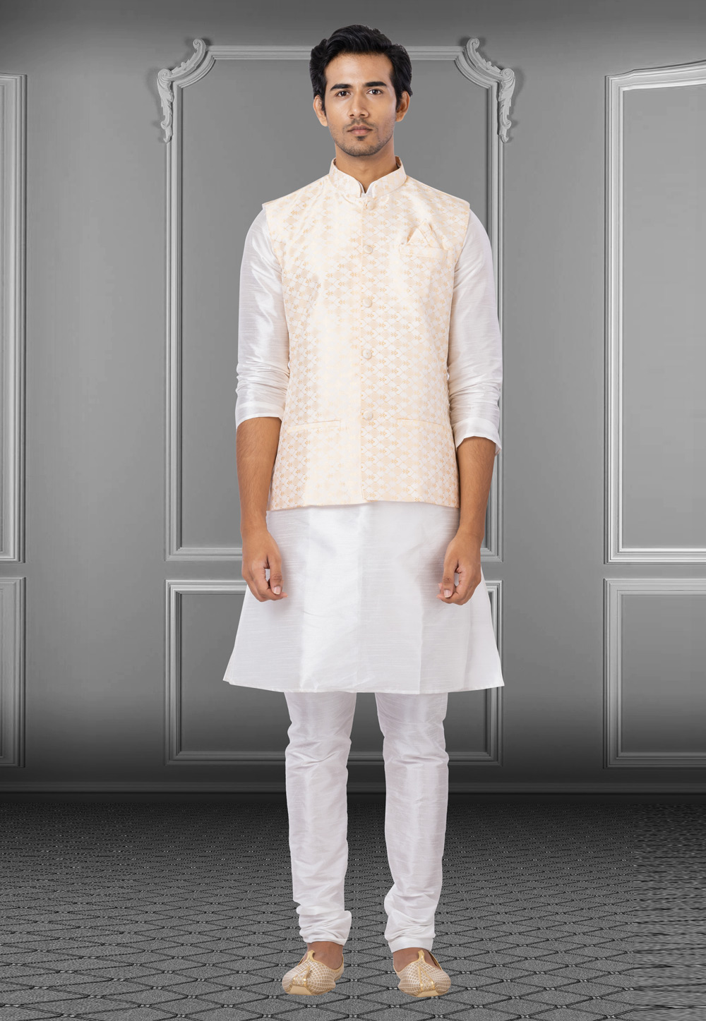 White Dupion Raw Silk Kurta Pajama With Jacket 250190