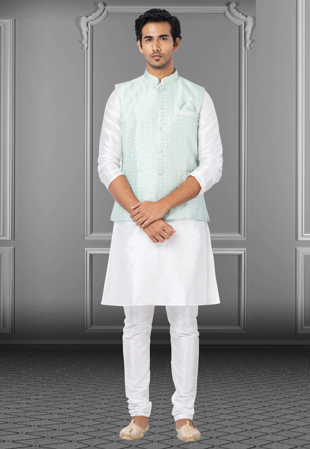 White Dupion Raw Silk Kurta Pajama With Jacket 250191