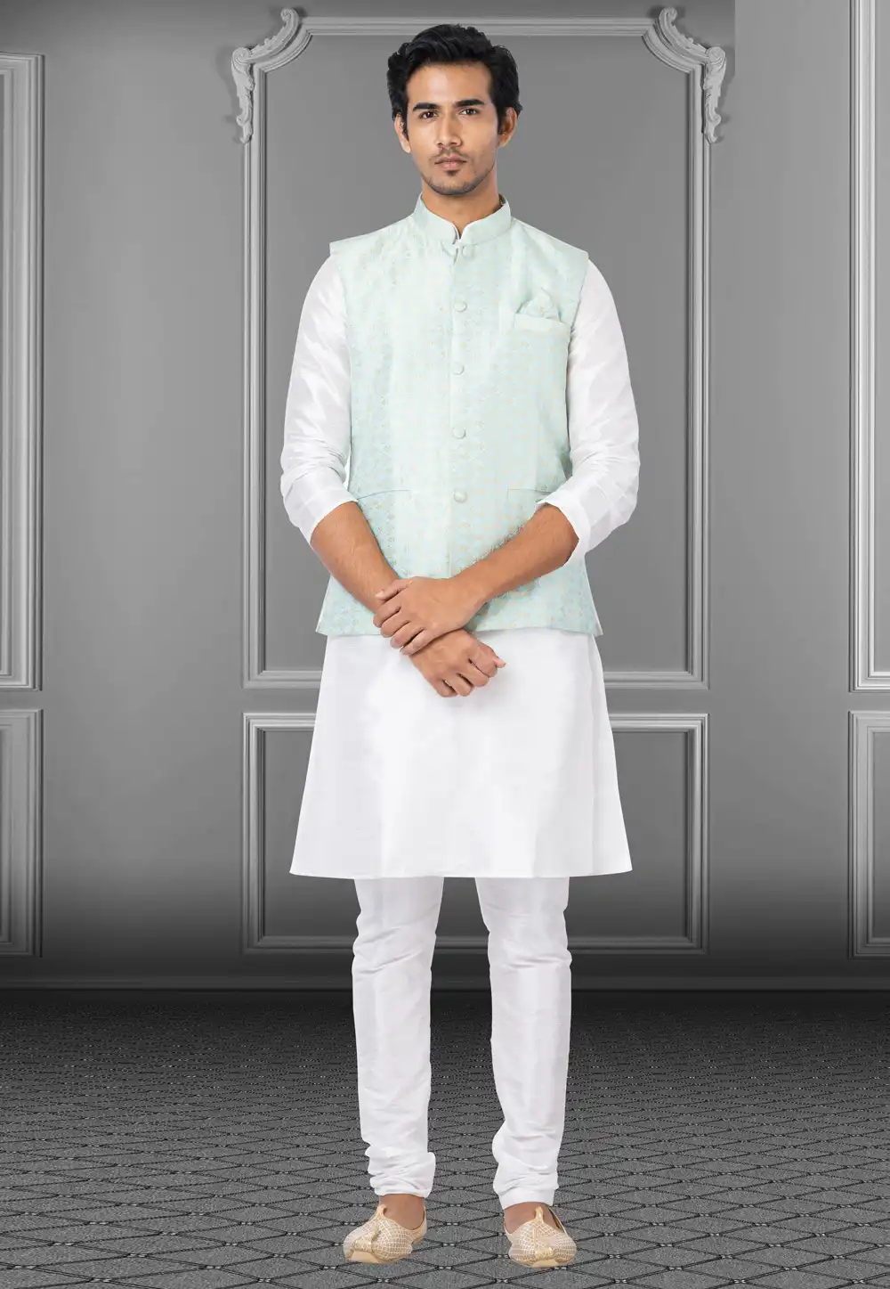White Dupion Raw Silk Kurta Pajama With Jacket 250191