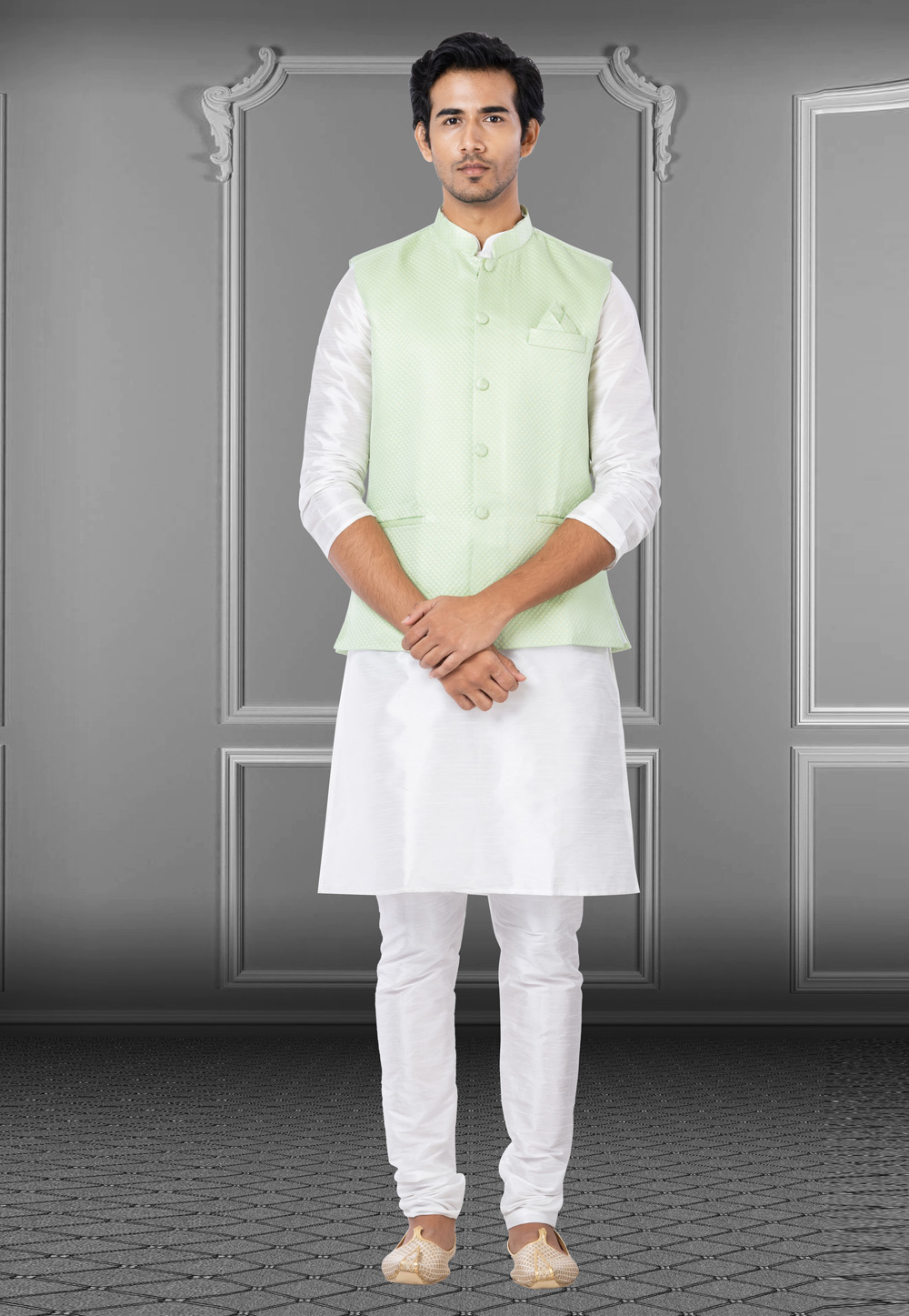 White Dupion Raw Silk Kurta Pajama With Jacket 250192