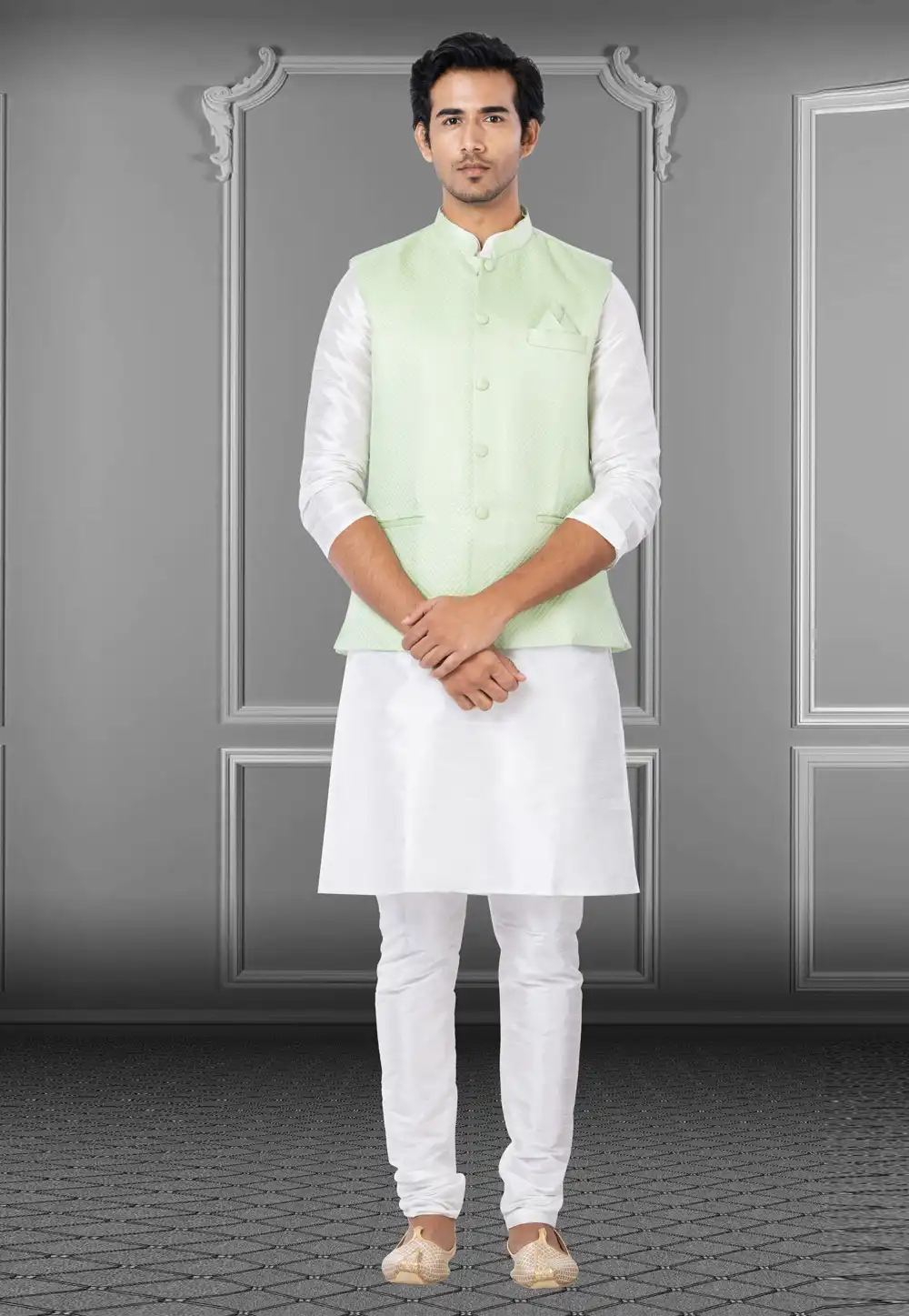 White Dupion Raw Silk Kurta Pajama With Jacket 250192