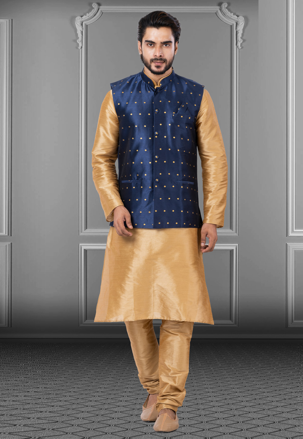 Golden Dupion Raw Silk Kurta Pajama With Jacket 250193