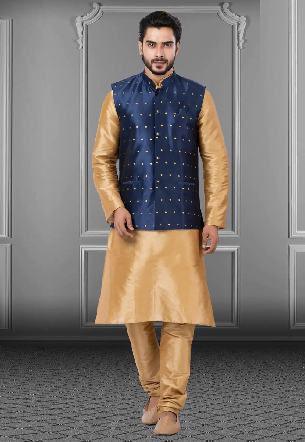 Golden Dupion Raw Silk Kurta Pajama With Jacket 250193