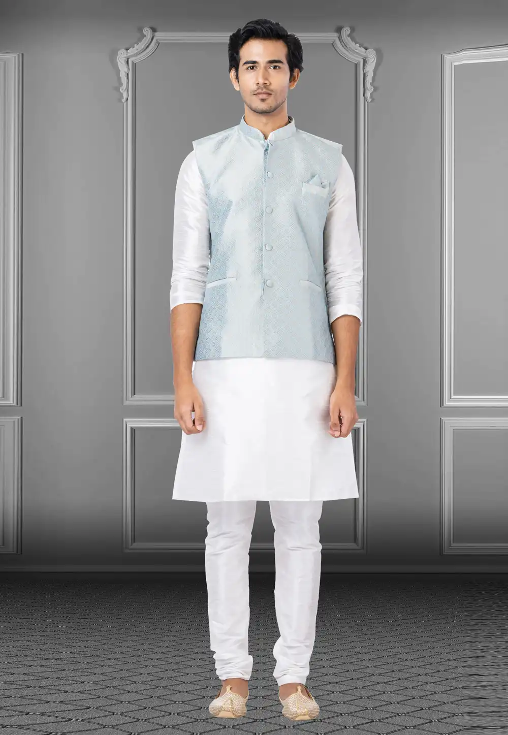 White Dupion Raw Silk Kurta Pajama With Jacket 250194