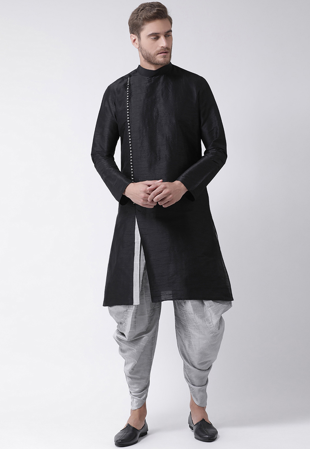 Black Dupion Silk Readymade Dhoti Kurta 187873