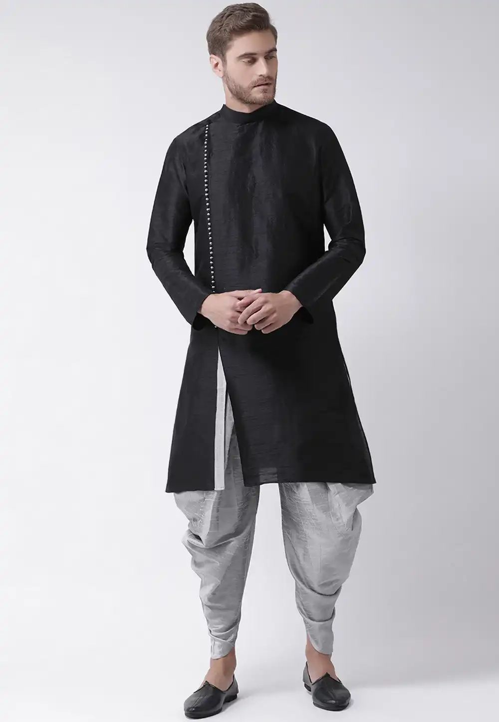 Black Dupion Silk Readymade Dhoti Kurta 187873