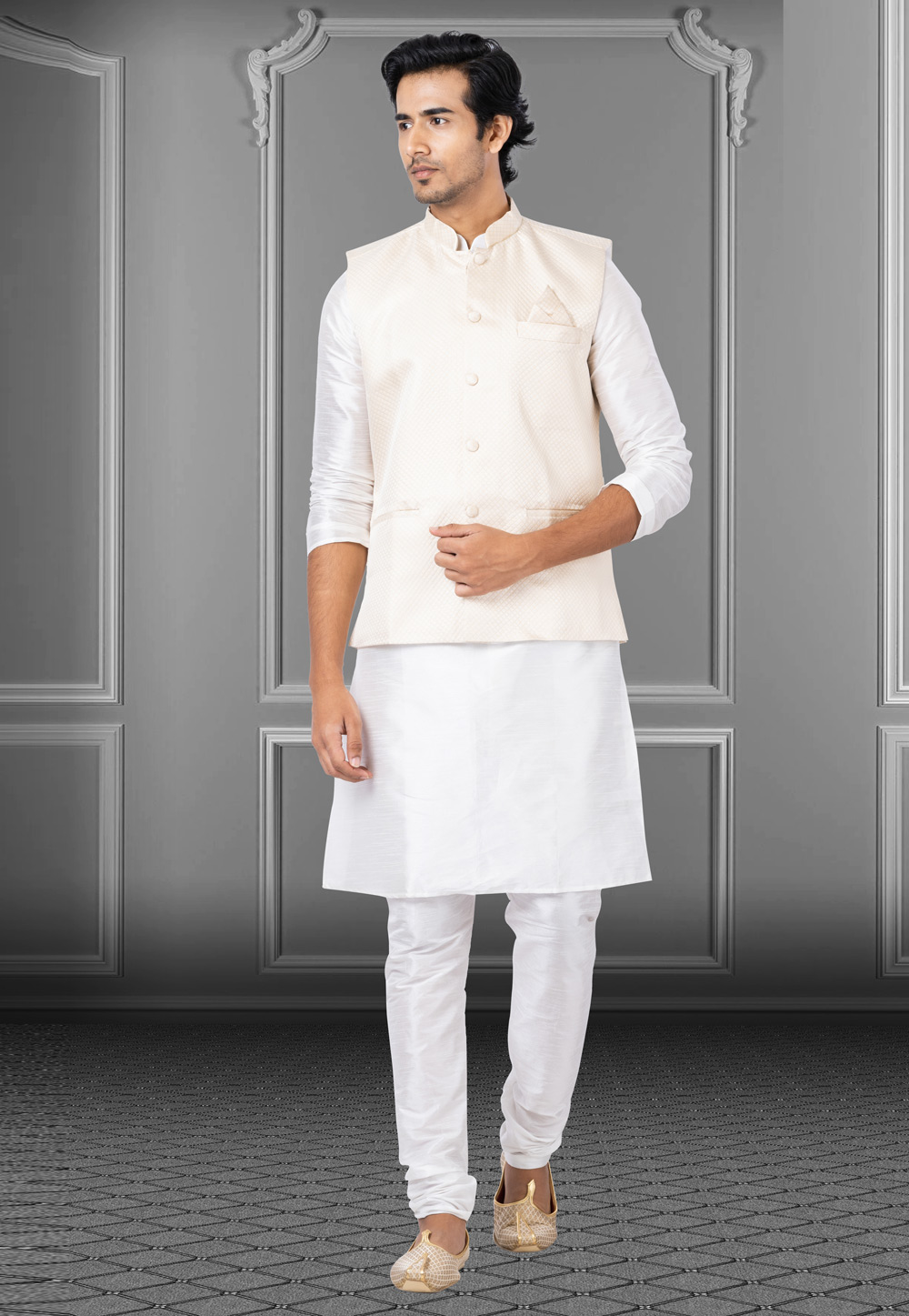 White Dupion Raw Silk Kurta Pajama With Jacket 250195