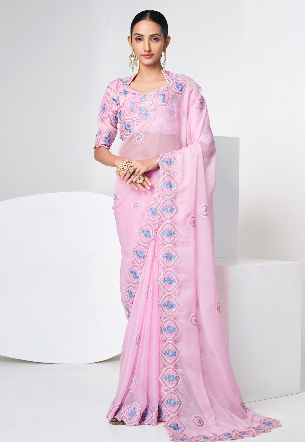 Pink Organza Saree With Blouse 259406