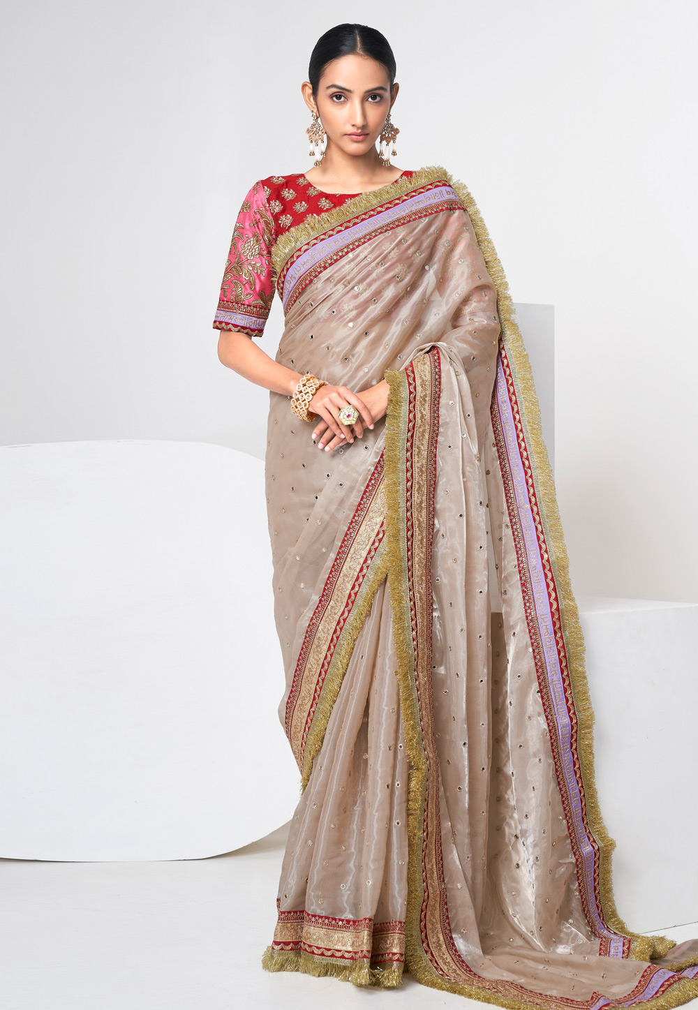 Beige Organza Saree With Blouse 259407
