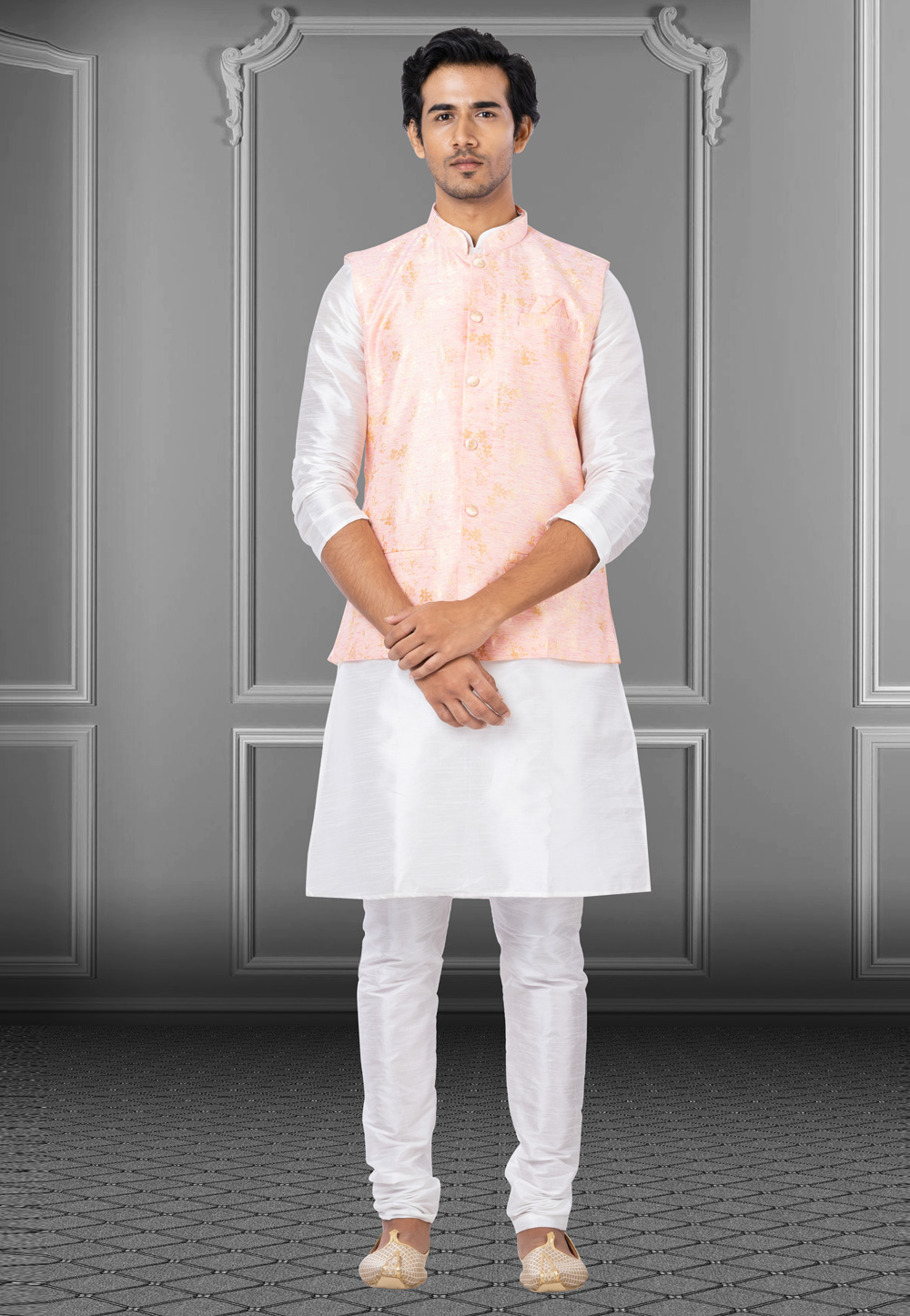 White Dupion Raw Silk Kurta Pajama With Jacket 250197