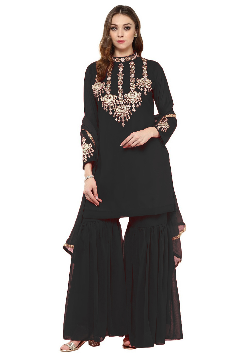 Black Georgette Readymade Sharara Suit 241117