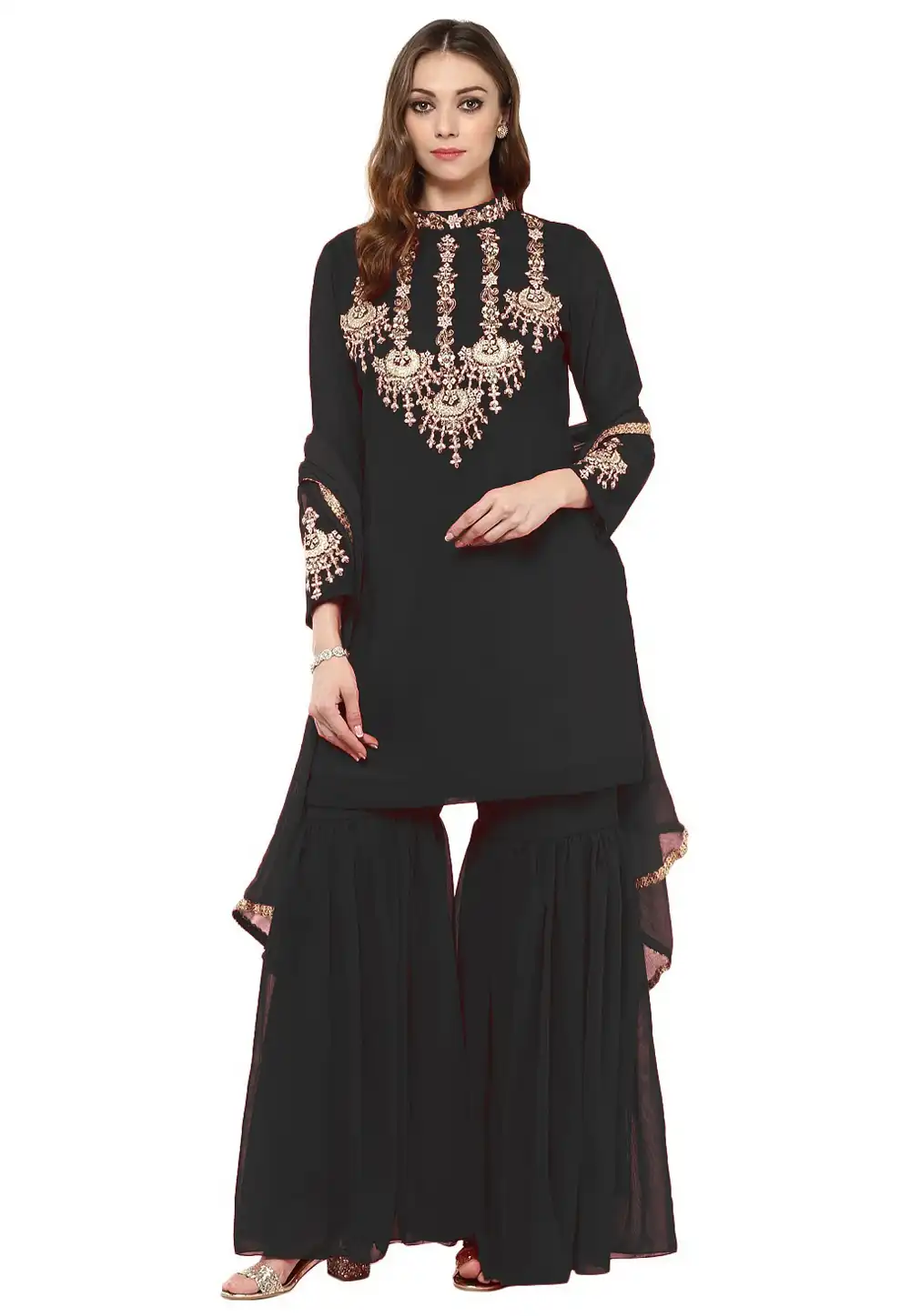 Black Georgette Readymade Sharara Suit 241117