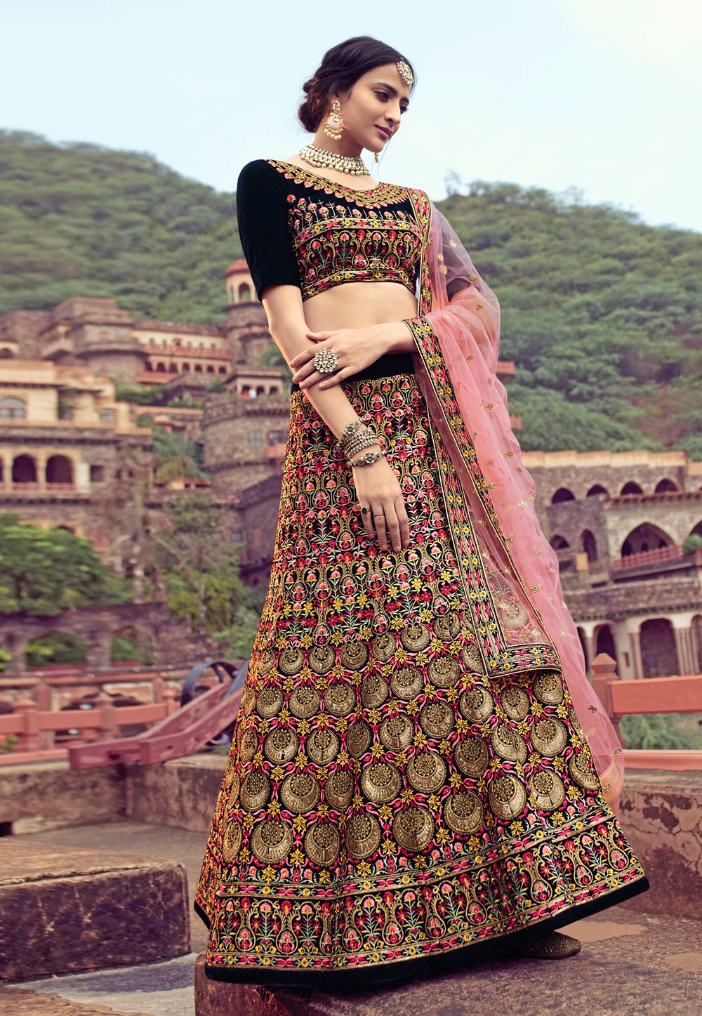 Navy Blue Embroidered Velvet Lehenga Choli 218935
