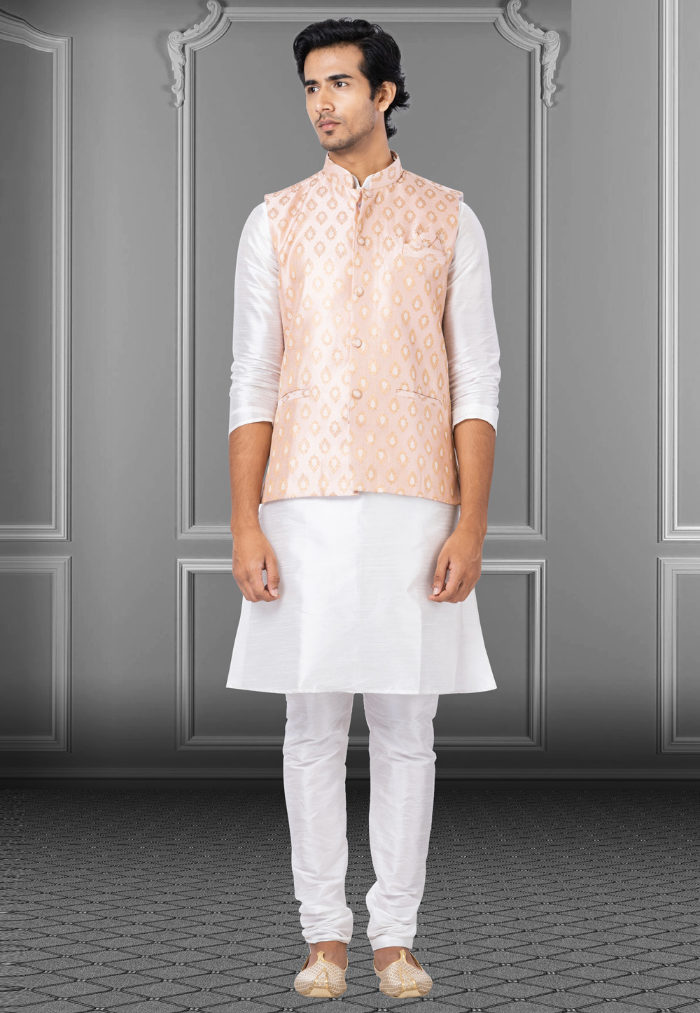 White Dupion Raw Silk Kurta Pajama With Jacket 250198