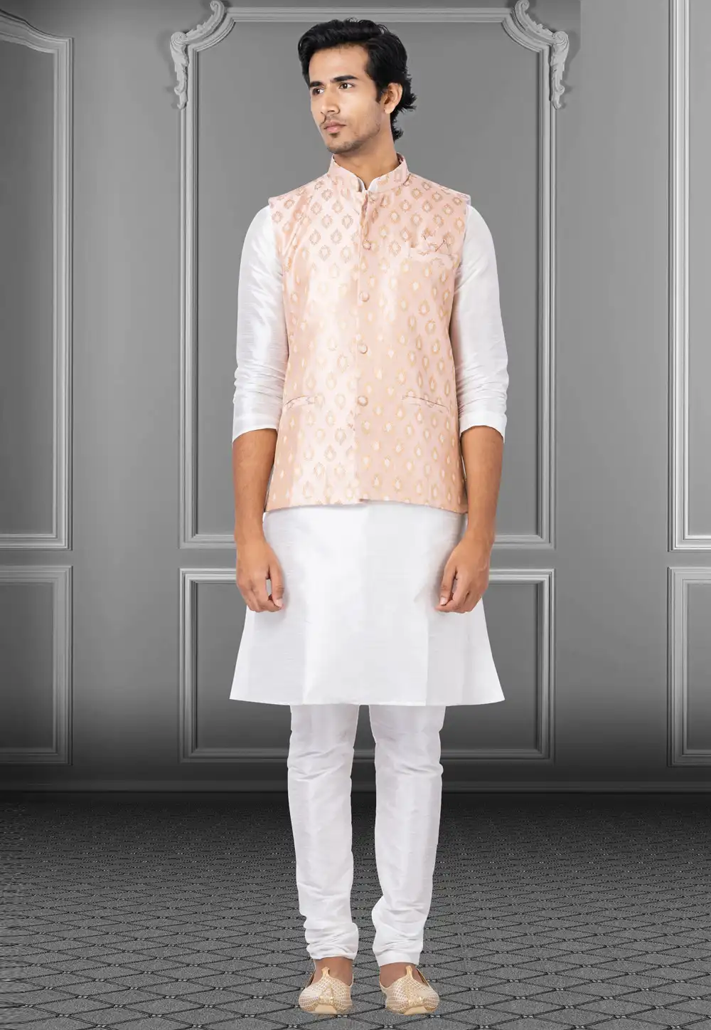White Dupion Raw Silk Kurta Pajama With Jacket 250198