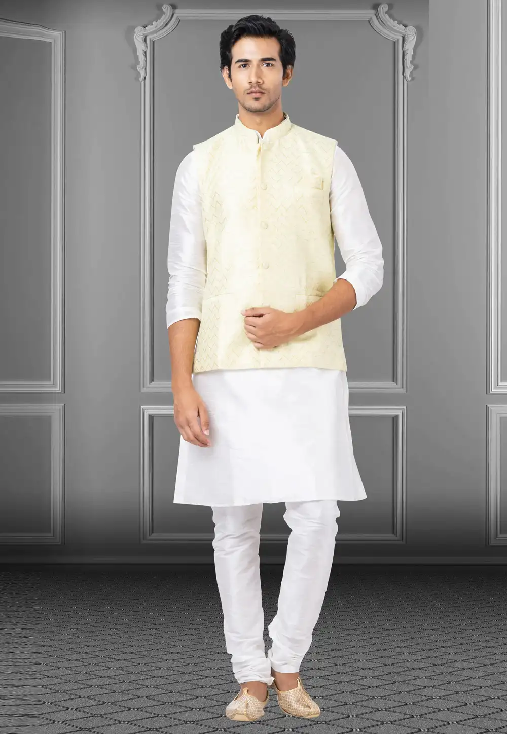White Dupion Raw Silk Kurta Pajama With Jacket 250200