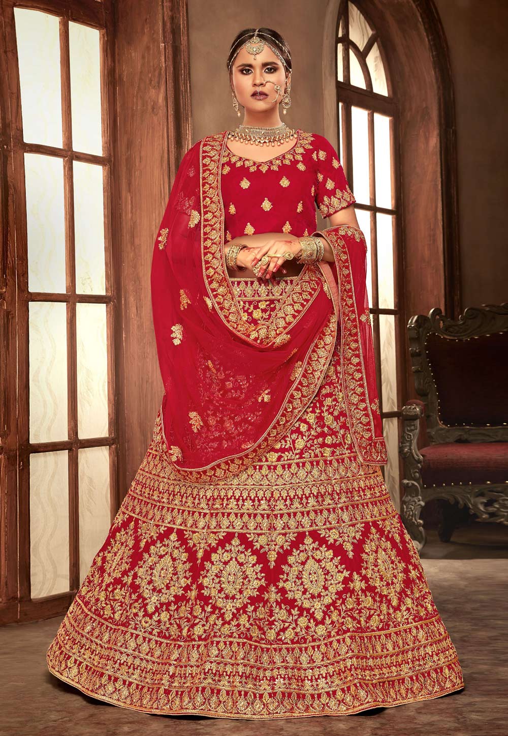 Red Velvet Bridal Lehenga Choli 153636