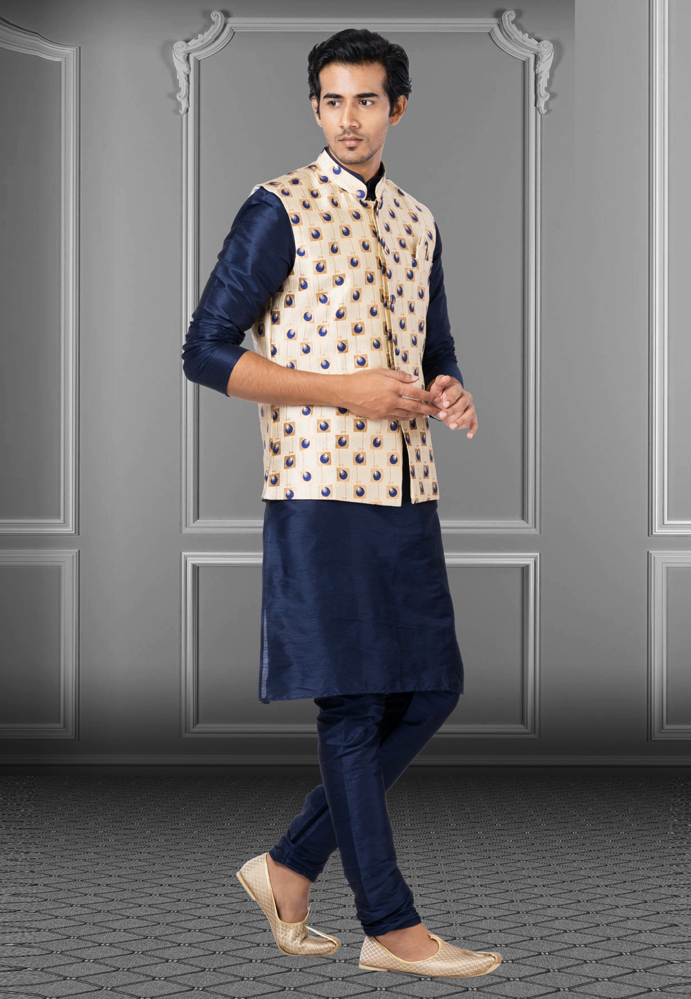 Navy Blue Dupion Raw Silk Kurta Pajama With Jacket 250201