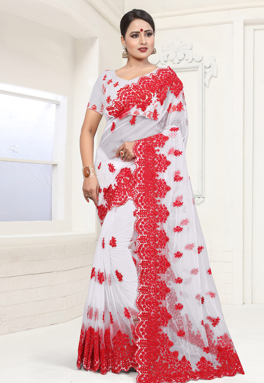 White Net Festival Wear Saree 186024