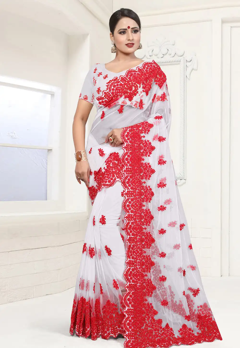 White Net Festival Wear Saree 186024
