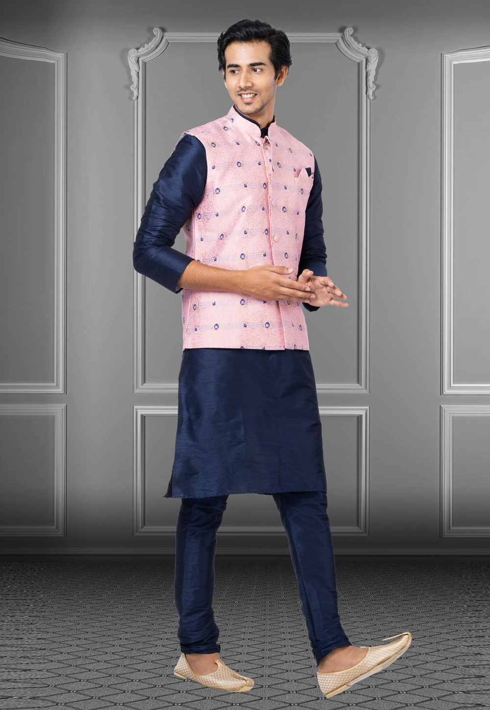 Navy Blue Dupion Raw Silk Kurta Pajama With Jacket 250202