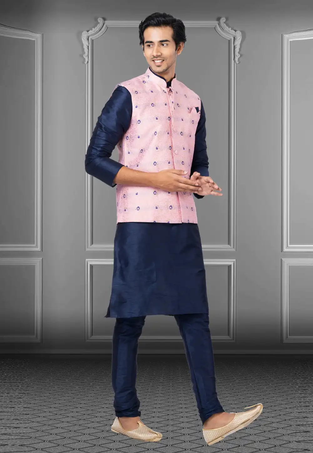 Navy Blue Dupion Raw Silk Kurta Pajama With Jacket 250202